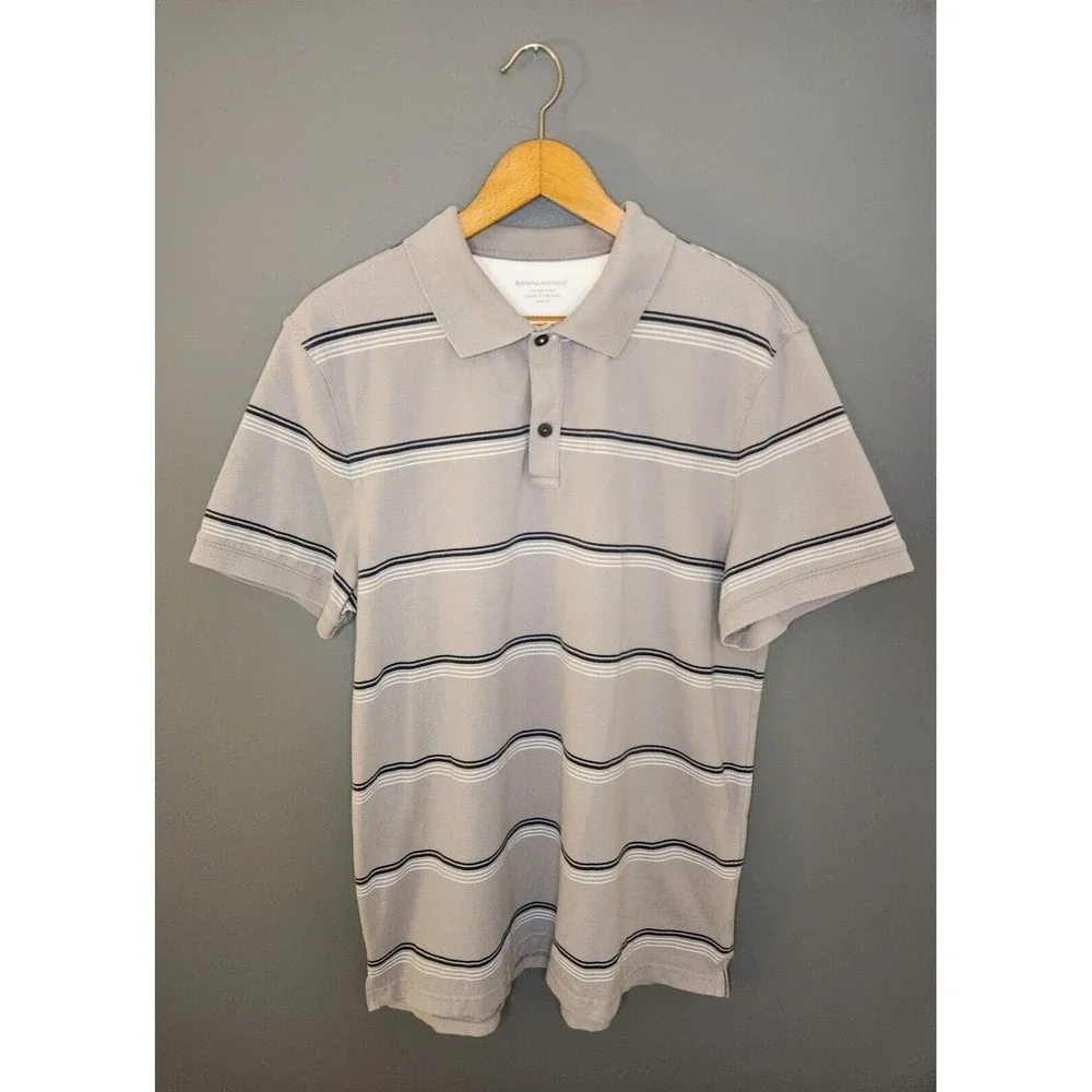 Banana Republic Polo Shirt Mens XL Beige Short Sleeve Fitted Striped Stretch Y2K